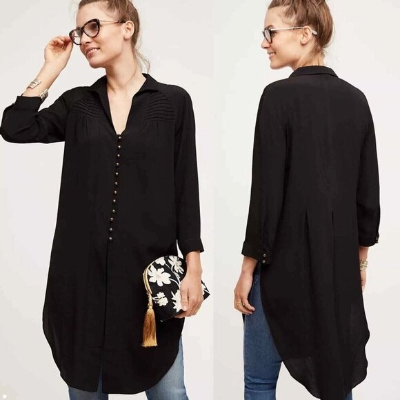 Maeve Tops - Anthropologie Maeve Ceycen Black Button Tunic 3/4 Sleeve witchy Top Size L Goth